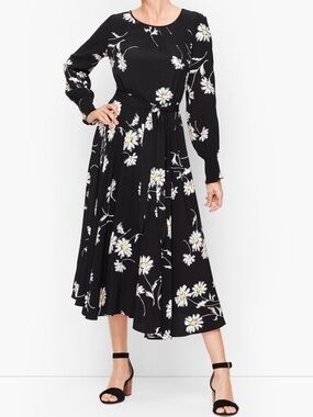 NEW Talbots “Vintage Daisy” Long Sleeve Tie Waist Floral Midi Dress Size 2P